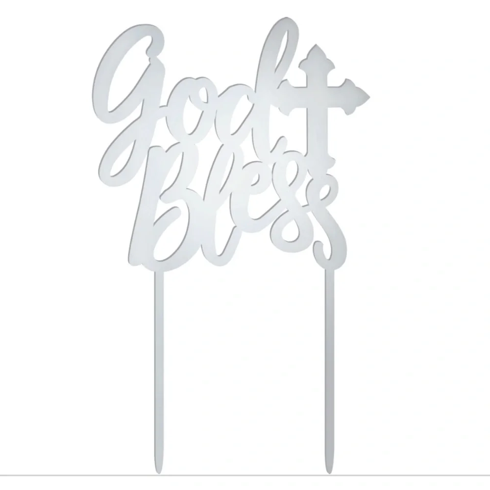 AMSCAN Metallic Silver God Bless Mirrored Cake Topper New
